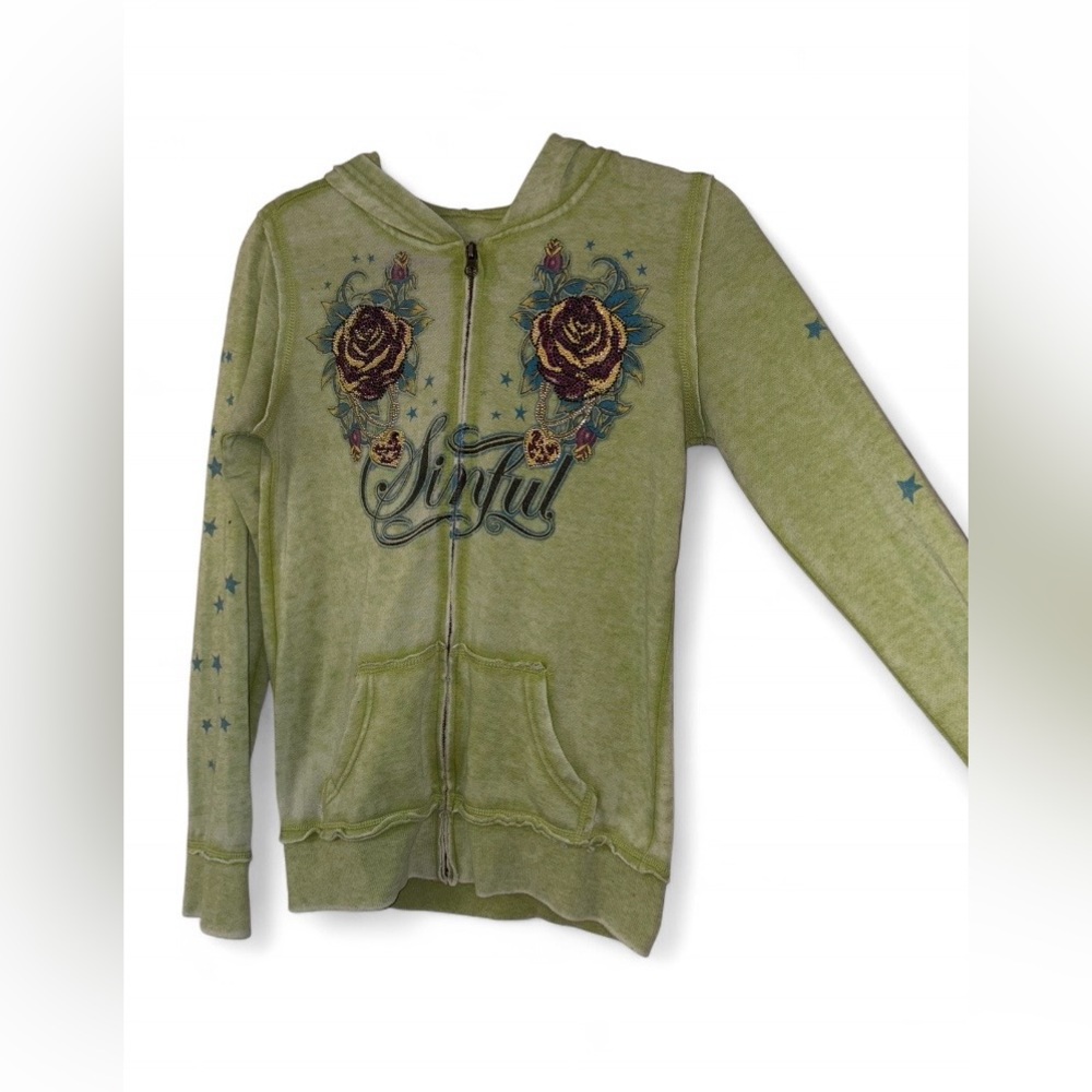 Affliction Sinful Y2K Lime Green Rhinestone Graphic Zip-Up Hoodie - Size Medium - Picture 7 of 7